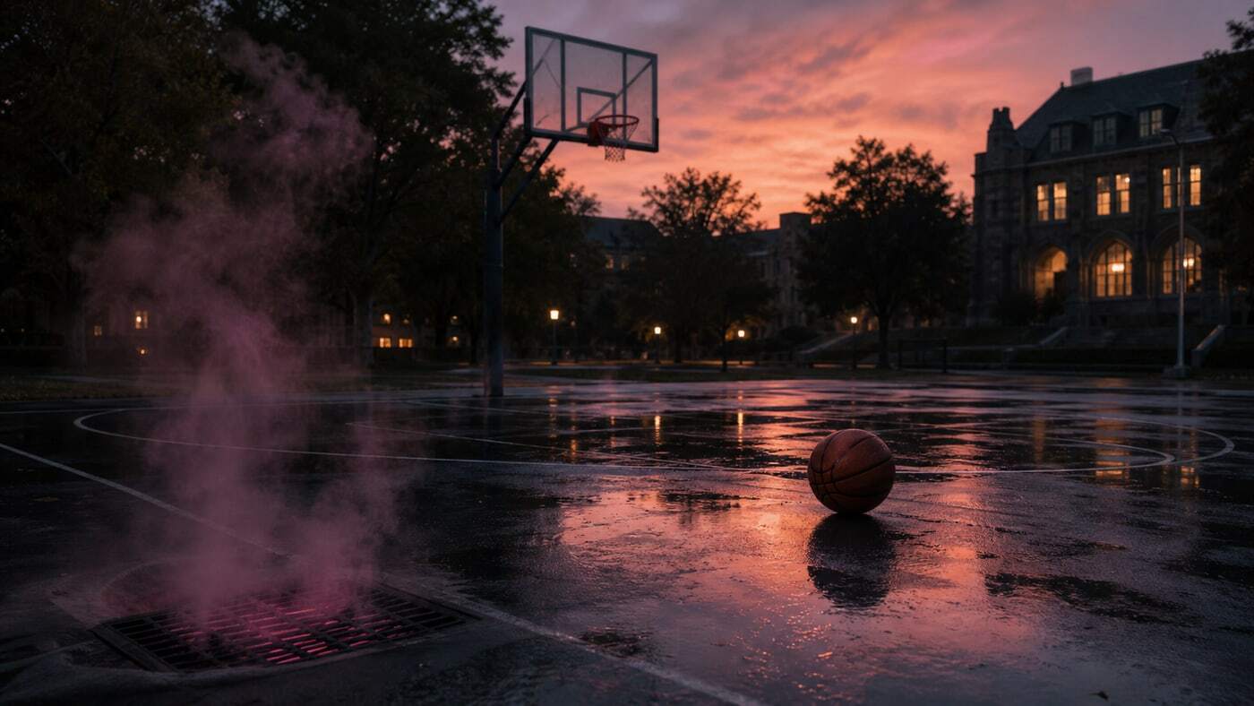 Empty basketball court with pink mist after the Undertow breach