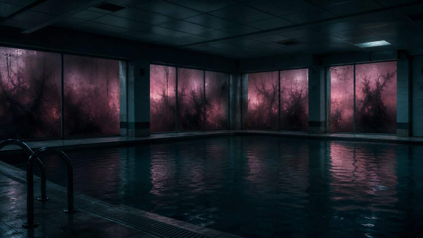 Indoor university pool filled with teal reflections and pink Undertow pressure beyond the windows