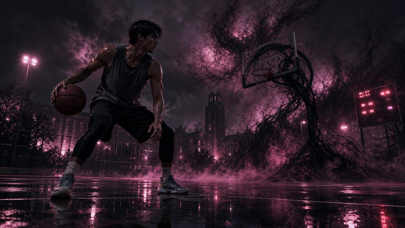 Jace on a wet basketball court as the Undertow opens through pink mist