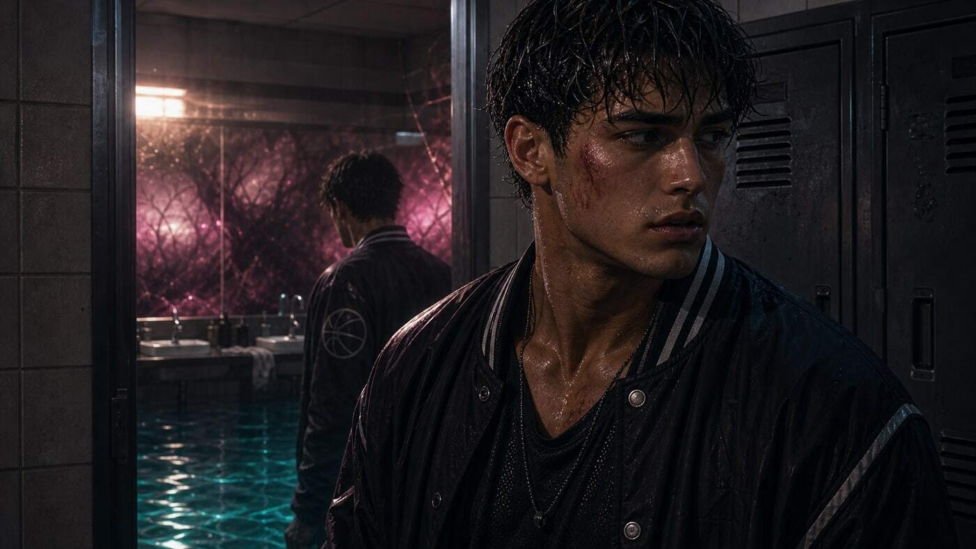 Jace in a locker room doorway after surviving an Undertow dungeon