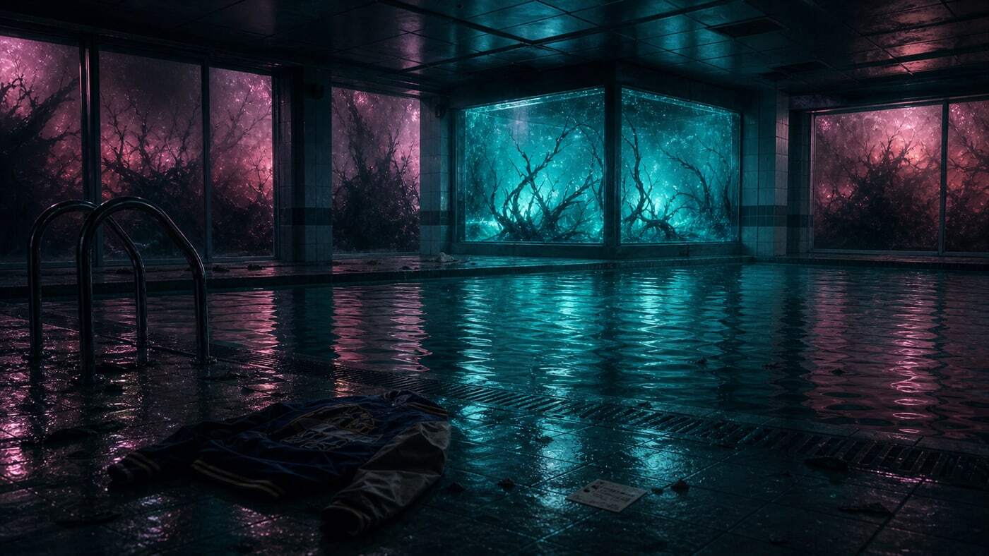 Indoor pool and impossible water tank with Undertow light and abandoned clothing