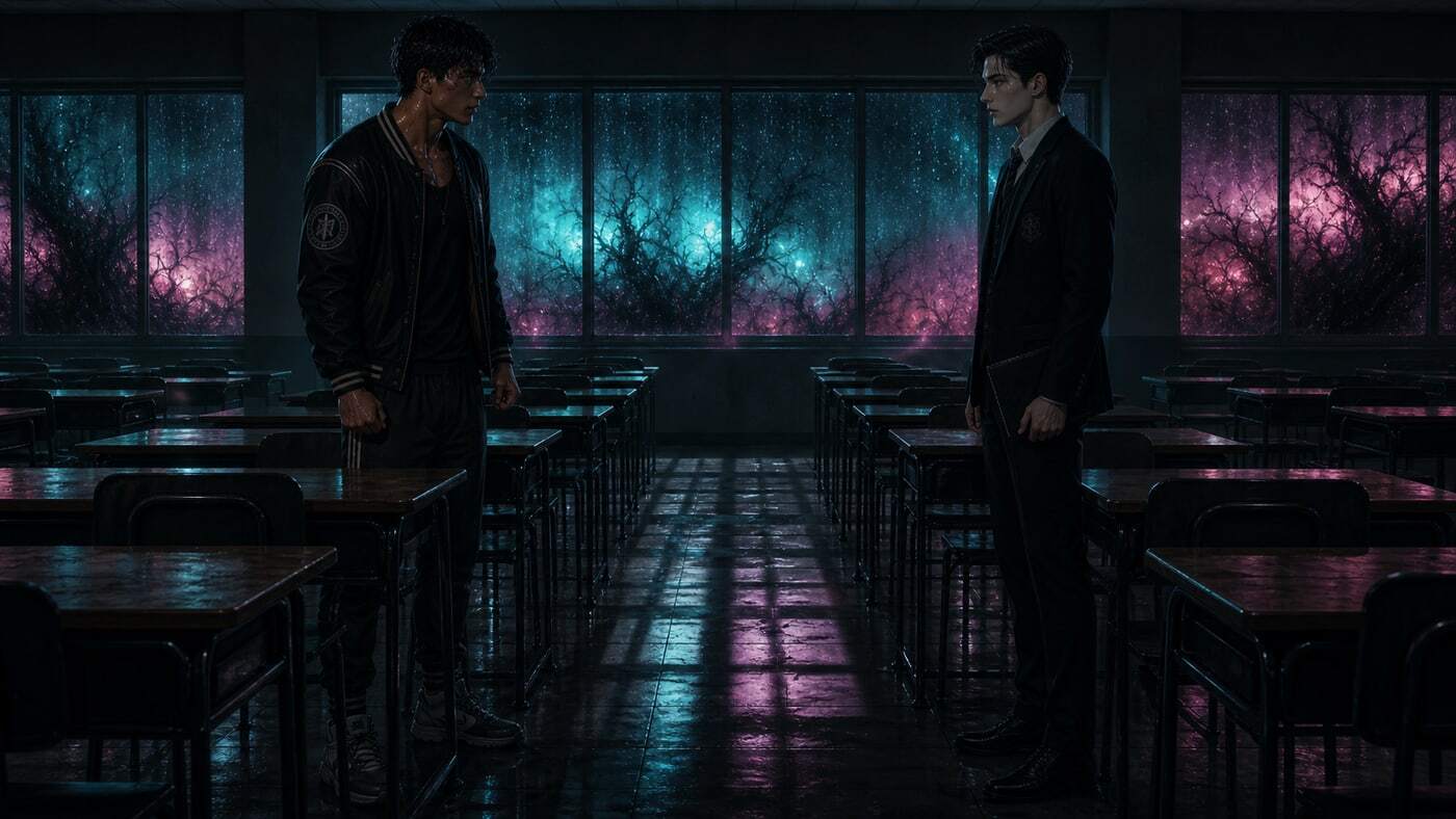 Jace and Sebastian facing each other across a dark classroom aisle