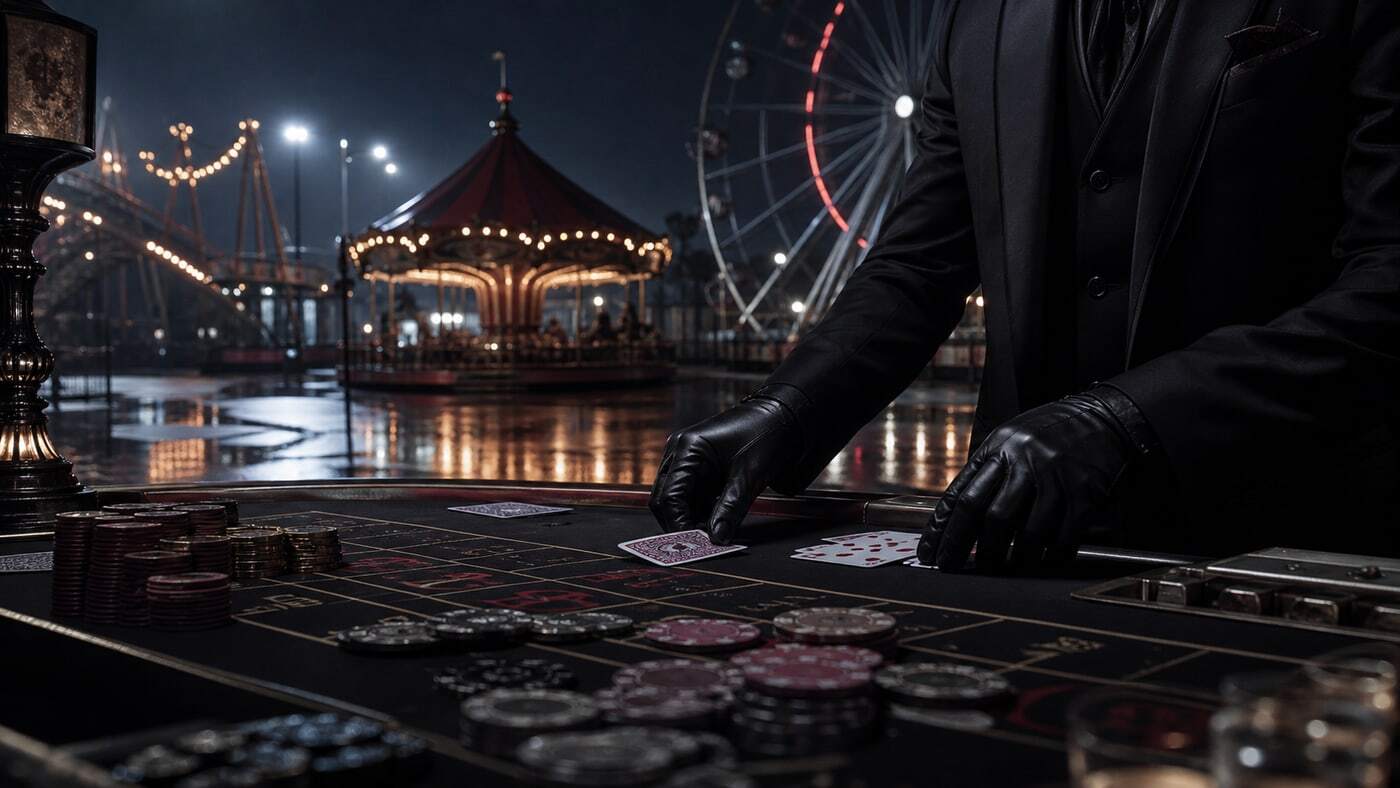 Close-up of gloved hand and gambling cards at the amusement park game