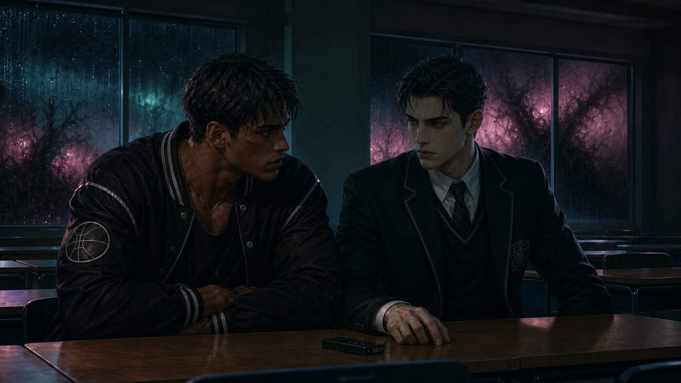 Adult Jace and Sebastian seated as deskmates with a voice recorder between them