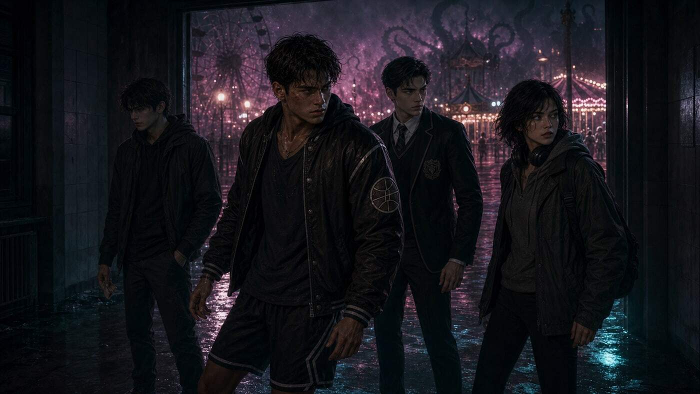 Jace, Sebastian, Jade, and Quinn at the threshold between campus and Undertow