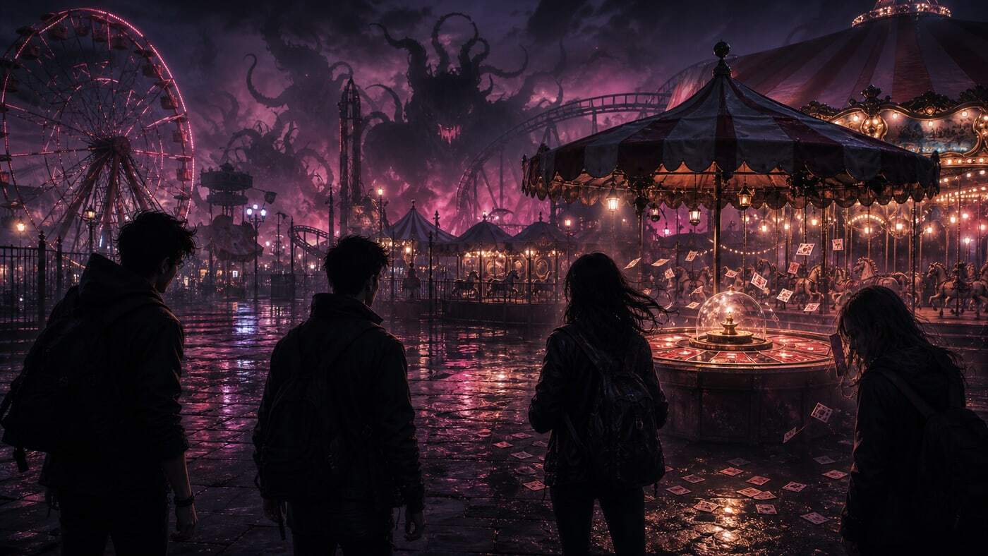 Midnight amusement park dungeon with four adult students silhouetted before carnival lights and pink mist