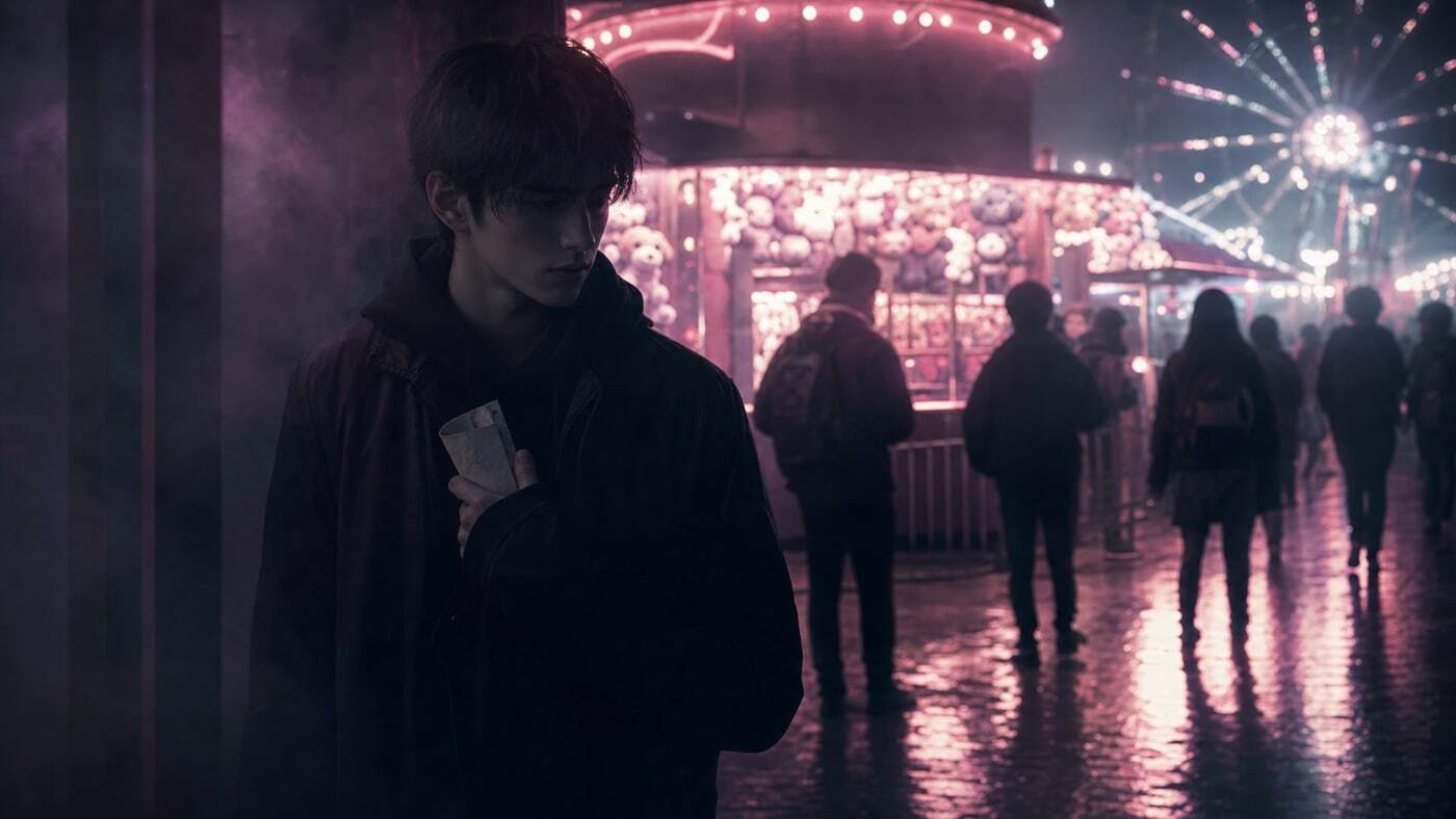 Quinn separated from the group near amusement park lights, hiding a contract