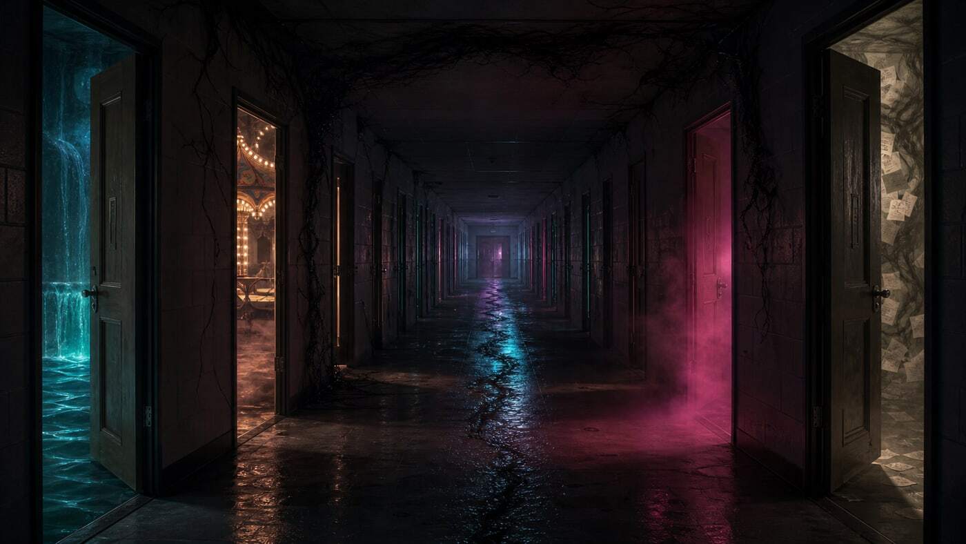 Dorm hallway with impossible Undertow doors and wet floor reflections