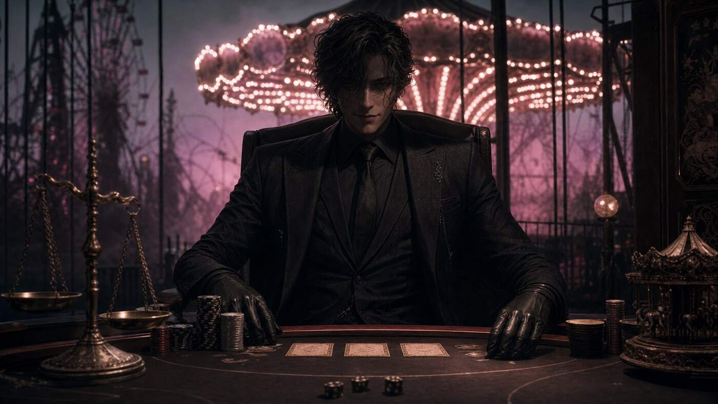 The Dealer seated behind a carnival gambling table with contract props