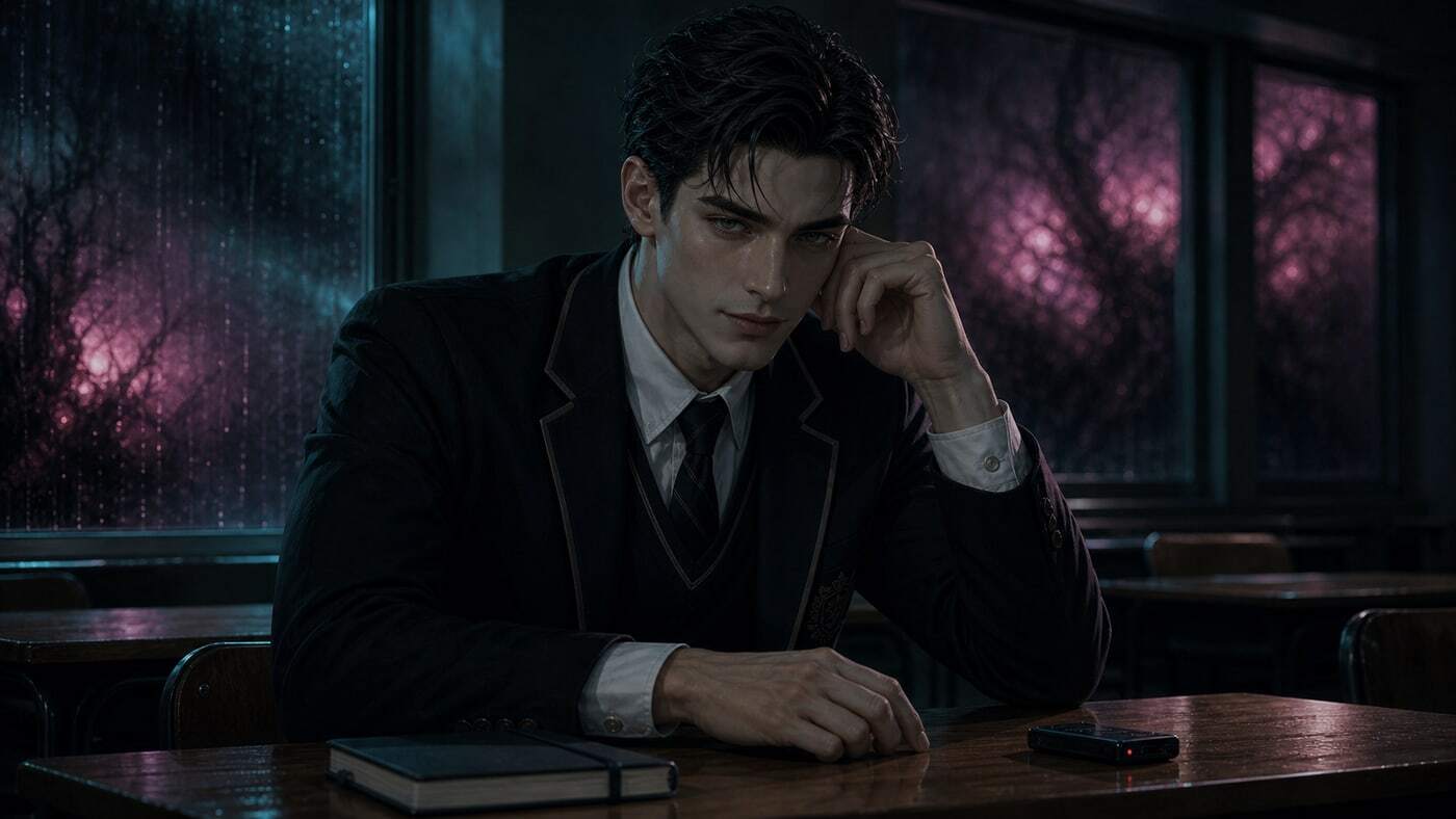 Sebastian seated alone in a dim classroom with a calm dangerous expression