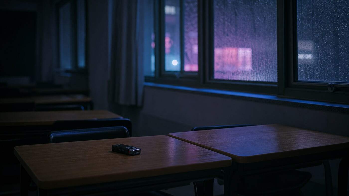 Empty classroom desk with a small recorder and Undertow light outside